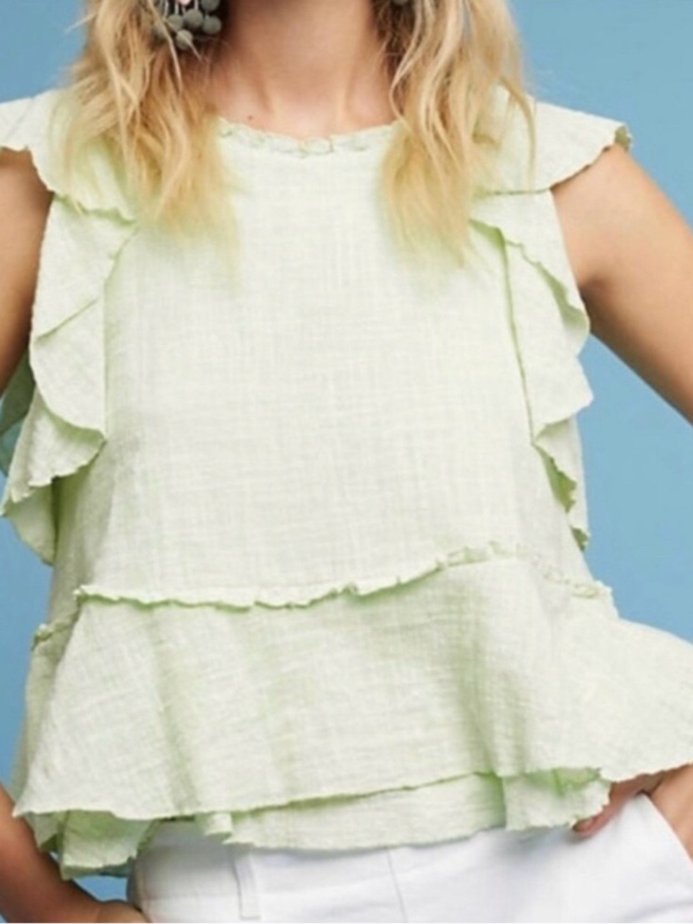 Maeve Pastel Green Ruffle Sleeve Peplum Blouse